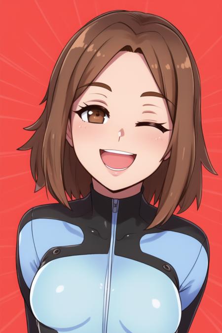 masterpiece, best quality, brown hair, brown eyes, smile, open mouth, one eye closed, small breasts, blue bodysuit, long sleeves, upper body, portrait, akai style