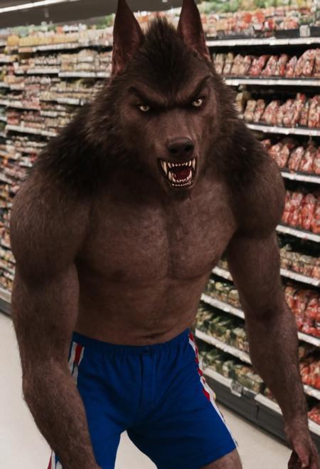 werewolf, werewolf of fever swamp, blue shorts, white and red stripes, claws, hand, fcNeg, front view, facing you, toe_claws, snarling, in a supermarket aisle, closeup