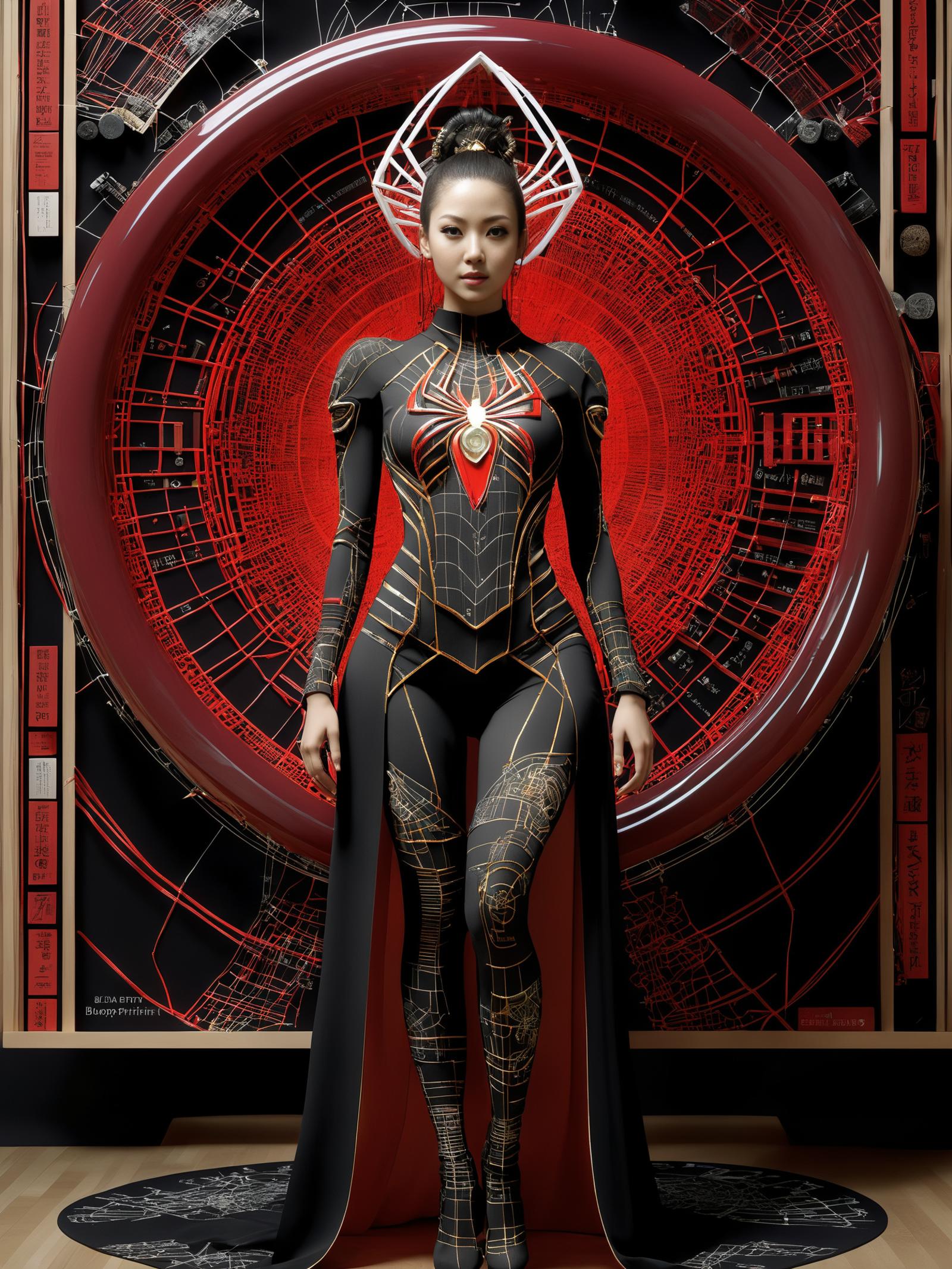 A woman in a futuristic costume stands inside a red circle.