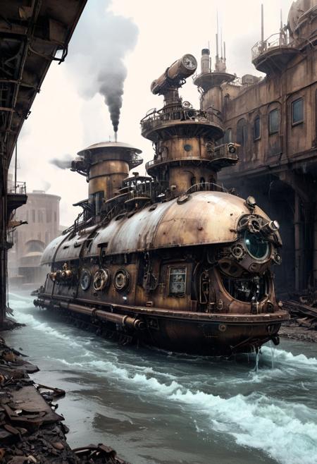 high-contrast palette, highly detailed, cinematic, modern art, high-contrast palette, timeless feeling, cinematic quality || The Great Flood, strange machines, ancient civilization || steampunk, dieselpunk, science fiction, scenery, Macro detailed realism style photograph
