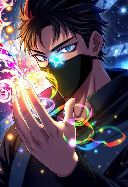 A striking, anime-style male stands tall, his piercing gaze intensified by the black vertical mask that covers only the left side of his face. His left eye glows with an otherworldly, five-pointed starlight, as if the very essence of the cosmos has been distilled into his being. His dominant hand is raised, and as he channels his energy, a colorful show of magic erupts around his hand, exploding into a kaleidoscope of colors that swirl and dance in a mesmerizing display. The stars in his eye seem to pulse with an extraordinary power, as if he is drawing energy from the very fabric of the universe. Every detail of the scene is meticulously rendered, from the intricate, swirling patterns of the magic to the tiny, shimmering sparks that seem to dance around his fingers. The overall effect is one of breathtaking, celestial wonder, as if this anime male has harnessed the very essence of the stars within his being. highest-Quality, intricate details, visually stunning, Masterpiece