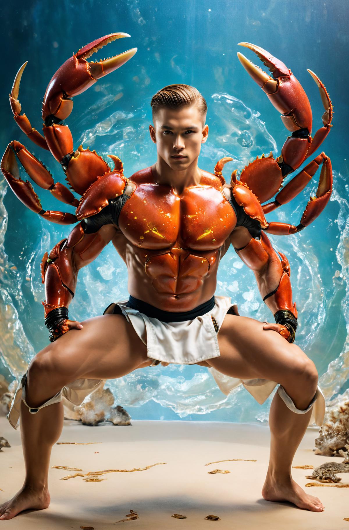 Man wearing a costume made of crab legs and claws posing in front of a blue background.