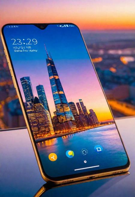 Superior quality, high-tech masterpiece, ultra-high resolution, hyper-realistic, UHD sharpness, depth of detail, smartphone, lying on a sleek glass surface, ambient urban lighting, ultra-modern design, reflective screen, next to, soft cityscape glow, backlit icons, (vivid display light:1.2), subtle shadows under the device