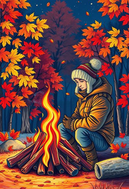 "Image of a serene campfire scene, surrounded by vibrant autumn trees with leaves in shades of orange, yellow, and red. A man dressed in warm winter survival gear, including a hat and gloves, is huddled next to the fire, warming his hands and face. The fire crackles and spits, casting a warm glow over the scene. The image is created with colored pencils, with bold lines and colorful shadings that bring the scene to life. The overall atmosphere is cozy and inviting, with a focus on capturing the warmth and comfort of the campfire on a chilly autumn evening. Style: whimsical, colorful, and inviting, with a focus on capturing the beauty of nature and the joy of simple pleasures." Highest-Quality, 4k