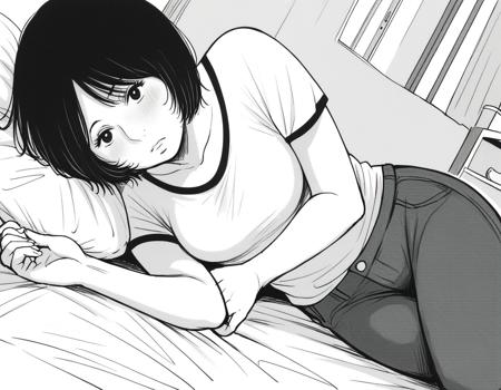 takakoyoshida, <lora:takako-yoshida-manga-ponyxl-lora-nochekaiser:1>, takako yoshida, short hair, monochrome, greyscale,