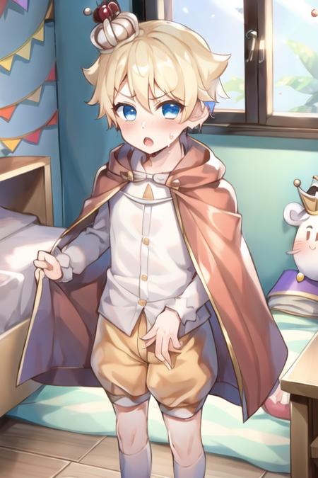 1boy, crkcustard, blue eyes, short hair, blonde hair, earrings, red cape, mini crown, jewelry, white shirt, buttons, puffy shorts, embarrassed, blush, :o, sweat, standing, looking at viewer, (bedroom:1.3), colorful <lora:custard_cookie-000004:0.8>