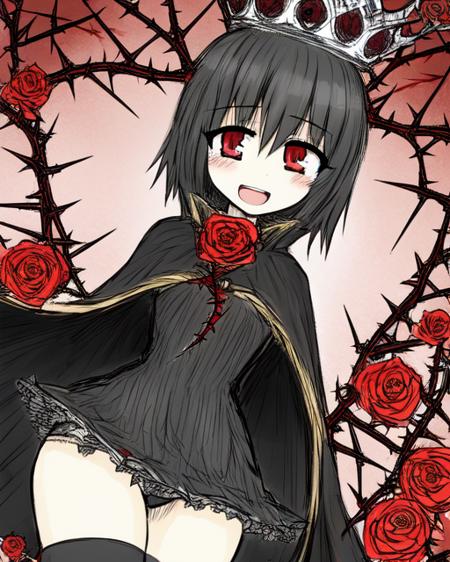 <lora:BlackSouls:0.8>
1girl, thighhighs, solo, red eyes, black hair, crown, dress, black thighhighs, open mouth, thorns, smile, rose, flower, blush, cape, zettai ryouiki