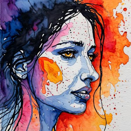 Single continuous line, black ink, profile human face, emotions conveyed through line weight, watercolor splashes bleeding outwards, sadness muted blues, anger fiery reds and oranges, joy bright yellows, fear deep purples, love soft pinks, anxiety jagged strokes, peacefulness smooth curves, abstract expressionism, high contrast, detailed texture, emotional, evocative, fine art