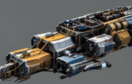 best quality,masterpiece,highly detailed,ultra-detailed,1boy,  <lora:neg4all_bdsqlsz_V3.5:-1>__ starfieldchar__ <lora:Starfieldships:1> Starfieldships, science fiction, spacecraft, no humans, realistic, thrusters, concept art, machinery, military, cockpit, grey background, weapon, vehicle focus, radio antenna, cross-section, simple background, cannon, turret