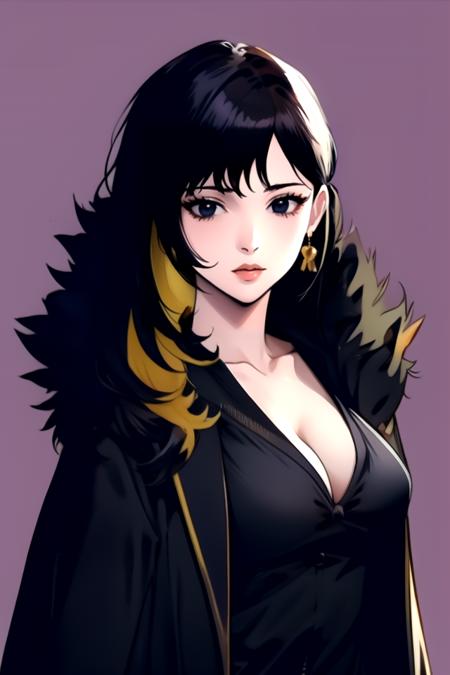 <lora:Binah2:1> 
librarian, 1girl, mole under eye, solo, mole, black hair, breasts, earrings, jewelry, long hair, cleavage, multicolored hair, looking at viewer, black eyes, upper body, blonde hair, white background, collarbone, jacket, two-tone hair, black jacket, simple background, closed mouth, bangs, shirt, black shirt, fur trim, large breasts, colored inner hair, coat, medium breasts