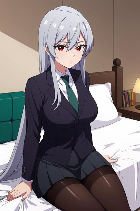 Hyakkano anime lineart, NanoEiai, 1girl, grey hair, very long hair, red eyes, hair between eyes, large breasts,

long sleeves, school uniform, black jacket, pantyhose, pleated skirt, black skirt, black pantyhose, green necktie, collared white shirt, blazer, expressionless, sitting, Bedroom, bed sheet, indoors, perfect scenery, perfect lighting, highest quality, masterpiece, best quality, highly detailed, high resolution, unity 8k wallpaper, (illustration:0.8), uncensored,<lora:NanoEiaiFasanV2:0.700000>