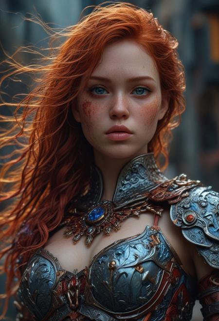 High resolution ultra-realistic of Beautiful Warrior girl, Fantasy style, 8k, capturing the intensity of the moment, dramatic lighting, standing on a bloody and stormy battlefield in a fighting pose, fire, intricately designed shining iron armor, red mini skirt, perfect athletic figure, beautiful Warrior girl, fire, dirty face, ultra realistic, cinematic style, athletic figure, Firm sinewy female slim body, dark fantasy, covered in dirty and blood, cinematic colors Lighting, extremely detailed, 8K, wavy red hair, realistic dirty bloody pale face, realistic blue eyes, beautiful Warrior girl on in cool iron armor, hyper-detailed, hyper-realistic, bright colours, Attractive 21 old years girl, Attractive, beautiful firm Breasts, sharp focus, digital painting, Photograph Taken on Nikon D750, Alphonse Mucha, 8K, athletic figure, Hyperdetailed, hyperrealism, Attractive, Attractive bust girl, asymmetric balance