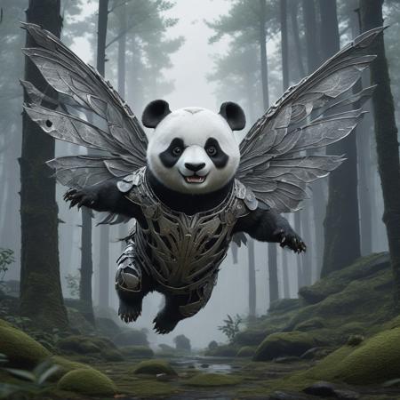 score_9, score_8_up, score_8, Masterpiece, High Details, HD, 8K, Photorealistic, perfect, High Quality, A flying fairy made of iron with the face of a panda. Within a magic World