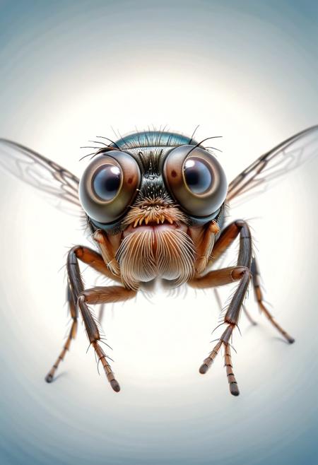 High Quality funny cartoonish,,portrait Beautiful picture of A painting of a fly (close-up) fisheye photo, Big eyes, surprised,   haze lighting, 16k, uhd, masterpiece,zhibi, Fisheye camera, top focus