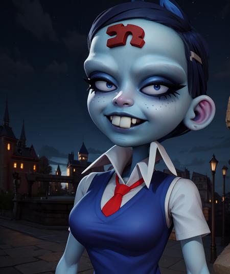 Nina,blue eyes,blue skin,buck teeth,short blue hair,hairclip,N,
blue sweater vest,red tie,white collared shirt,short sleeves,skirt,smile,metal gloves,
standing,
night,evil castle,
(insanely detailed, beautiful detailed face, masterpiece, best quality)solo,<lora:NinaCortexNF:0.8>,