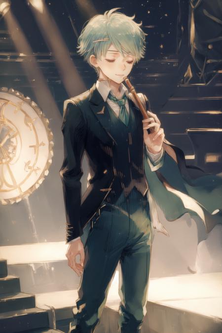 nils, solo, (circlet, hair ornament:1.1), (suit, tie, formal jacket, pants:1.3), standing, flute, playing flute, stage, lights, half-closed eyes