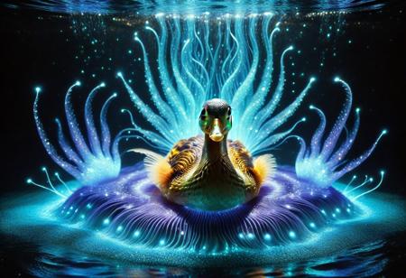 lazypos, A duck sculpted from living rainbow bioluminescence, its form woven from pulsating strands of energy that mimic rolling ocean waves frozen in mid-motion. Every muscle ripple glows with internal radiance, revealing veins of violet and gold beneath its translucent, jellyfish-like skin. Its whiskers stretch like filaments of molten silver, leaving shimmering trails of turquoise sparks in the air. Eyes are deep pools of glowing amber, refracting light like bioluminescent algae under moonlight, hypnotic and infinite. Paws unsheathe claws of condensed moonlight, each step leaving fleeting afterimages of glowing paw prints that dissolve like embers. Surrounding the creature, an ethereal forest glows in response: mushrooms pulse in rhythmic waves, willow tendrils drip liquid light, and the very air swims with floating dinoflagellate sparks. The cat arches its back in a dynamic leap, disrupting a curtain of hanging bioluminescent moss, particles scattering like a slow-motion supernova. Masterpiece-level hyper-detailed fur texture simulation, volumetric god rays slicing through the scene, cinematic shallow depth of field focusing on the duck's blazing eyes.