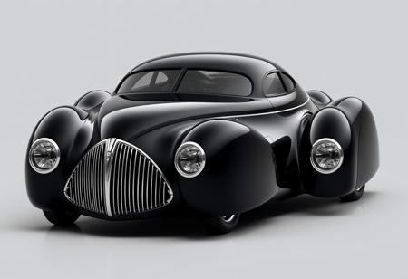 retro-futuristic concept car, sleek black body, curvy 1940s-inspired design, large rounded headlights with integrated LED rings, bold streamlined fenders, distinctive chrome grille with vertical slats, smooth aerodynamic roofline, subtle fins, deep glossy black finish, chrome accents around windows and lights, sculpted rear with rounded taillights, jet-age design cues, futuristic yet timeless, elegant yet powerful stance, ultra-realistic textures, high-resolution, modern interpretation of classic car design, blending copper and silver aesthetic influences, smooth chrome details, subtle yet striking appearance, (unrefined details:-1.5), (overdone luxury:-1.4), (flat shapes:-1.6), (modern boxy design:-1.7), (supercar elements:-1.6)
