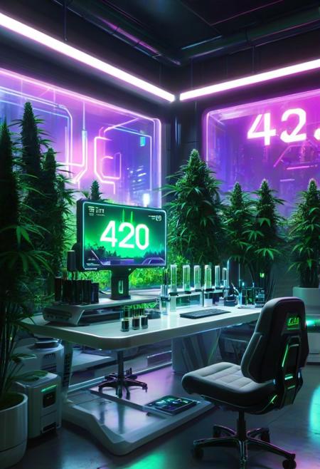 masterpiece,high quality,
420futurism,    <lora:420FuturismXL:0.8>
,lab, no humans, scenery, plant, chair, monitor, indoors, table, computer, tree, window, "420" text,futuristic,cyberpunk.neon light