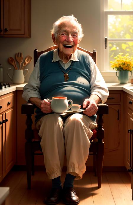 WholesomeGrandpas, award winning portrait photo, laughing, drinking a cup of tea in her farmhouse kitchen, Key light, backlight, soft natural lighting, photography 1400 ISO film grain 100mm lens RAW aperture f1.4, highly detailed,  ((full body)), (analog photography:1.0), hdr colors