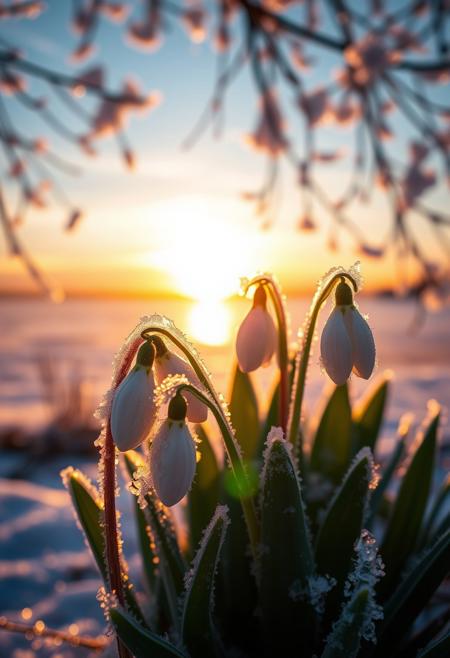 A close-up showing the stems and flowers of ((three)) snowdrops covered with thin ice crystals, framed by a bright winter sunrise over a frozen lake. The contours of the white flowers and delicate mint leaves are outlined by the deep lavender-purple color of the melted ice, and are in clear focus, demonstrating the complex details of the ice formations. In the background there is a panorama of the sunrise in soft focus over calm water, with warm orange and pink shades turning into the cold blue color of the sky. The sun is in the center of the image, radiating light through the branches. The picture was taken at a slightly raised angle when looking down at the frost-covered spring flowers. The overall atmosphere is serene and magical, evoking a sense of winter wonder and serene beauty. Golden bokeh, fluffy snowflakes in the air.