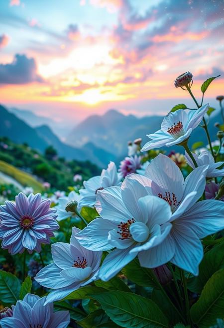 Multi-colored space landscape , Big white+blue. flowers , crepe glitter paper, crumpled cellophane, green, lilac, light green, olive, purple, pearl pink, extremely detailed fantasy, sunset, fantastic view, high detail, hdr+