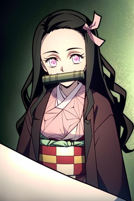 Nezuko Kamado, 1girl, kamado nezuko, breasts, long hair, japanese clothes, black hair, pink eyes, smile, closed mouth, kimono, solo, sharp fingernails, ribbon, medium breast, fingernails, slit pupils, hair ribbon, pink ribbon, looking at viewer, pink kimono, cleavage, retro artstyle