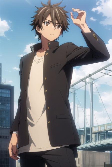takashi komuro, short hair, brown hair, black hair, (brown eyes:1.5), male focus, school uniform, black jacket, gakuran,