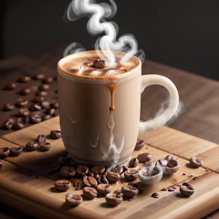 RAW photo, steaming hot coffee in a coffee mug, <lora:foodphoto:1> foodphoto, 8k uhd, dslr, soft lighting, high quality, film grain, Fujifilm XT3