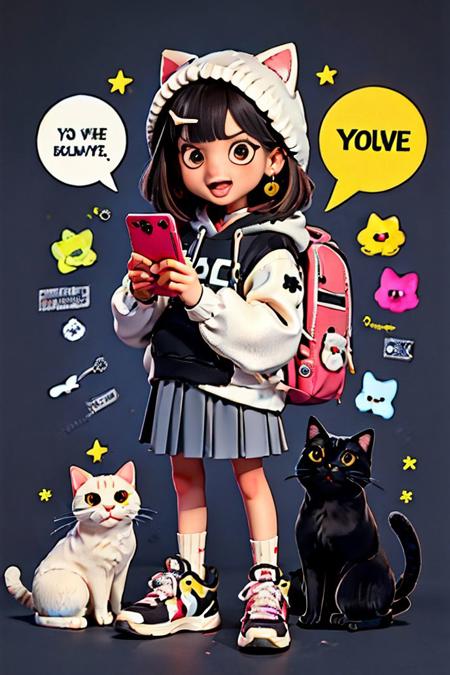 graffiti, 1girl, anger vein, animal, animal ears, animal hood, arrow \(symbol\), backpack, bag, bag charm, bangs, bird, black background, black cat, black hair, black legwear, black skirt, blue hoodie, brown hoodie, card, cat, cat ears, cat hood, cellphone, charm \(object\), chomusuke, crescent, cross, dog, drawstring, fake animal ears, fang, fox, grey hoodie, hair ornament, hairclip, hamster, handheld game console, holding, holding cat, holding phone, holding strap, hood, hood down, hood up, hooded jacket, hoodie, iphone, latin cross, long sleeves, looking at viewer, open mouth, pentagram, phone, pig, pink bag, pleated skirt, puffy long sleeves, puffy sleeves, red eyes, red hoodie, saint quartz \(fate\), school bag, shoes, shoulder bag, shuriken, skirt, sleeves past wrists, smartphone, smile, sneakers, socks, sparkle, spoken anger vein, spoken exclamation mark, standing, star \(symbol\), star earrings, star hair ornament, star pasties, star print, starfish, starry background, stuffed cat, taking picture, tarot, whiskers, white cat, white footwear, white hoodie, x hair ornament, yellow hoodie<lora:graffiti-bg-style-v1.0:1>