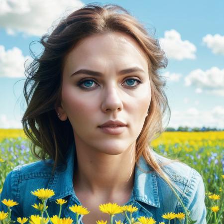 Picture, best quality, a woman in a field full of flowers, blue sky with clouds, portrait photo of beautiful SJ<lora:SJ:1.0>, looking at viewer, perfect face, perfect eyes, sharp focus, Intricate, High Detail, dramatic, photorealistic,