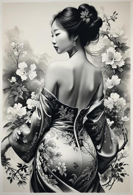 This artwork showcases Chinese black brush painting, inspired by the iconic style of Kazuki Takamatsu. The piece features loose compositions and exhibits the influence of Theodore Géricault, whose work often included expressive, gestural figures and compositions. Additionally, the artwork showcases tightly cropped compositions and incorporates elements of "letras y figuras," a Spanish art technique that combines calligraphy and figurative elements.