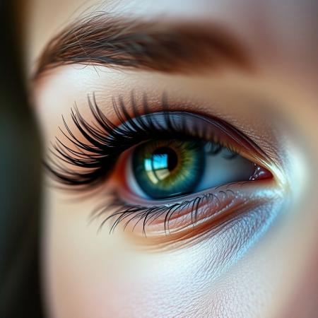 Ultra closeup of a young womans eye, green eye, view from side, mascara, winged eyeliner, mesmerizing, eyelash extension, shallow depth of field, f/1.4, focus blur, beautiful, bokeh, reflections, ultra realistic