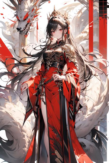 , (masterpiece:1.2), best quality,PIXIV,midjourney portrait,
1girl, solo, long hair, weapon, sword, dress, looking at viewer, red dress, red eyes, jewelry, earrings, closed mouth, hair ornament, white background, long sleeves, bangs, standing, breasts, wide sleeves, very long hair, black hair, brown hair, holding, full body, chinese clothes, simple background, crown
<lora:midjourney portrait_20230625143136:0.9>