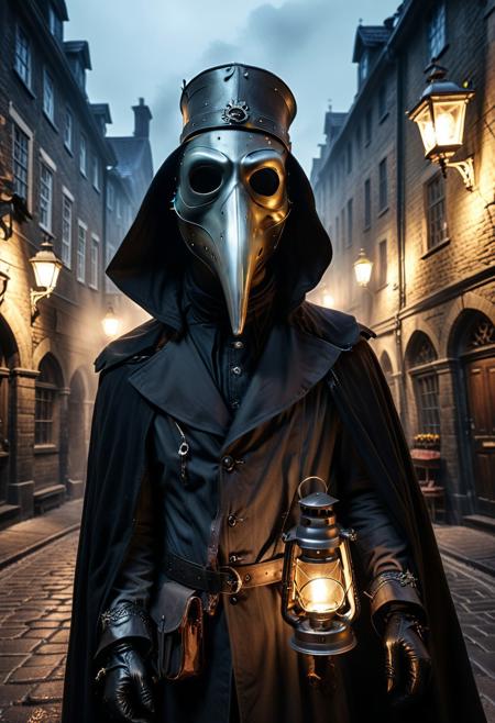 score_9, score_8_up, score_7_up, score_6_up, score_5_up, score_4_up, (absurdres, best quality, masterpiece:1.4), illustration, photorealistic, cinematic lighting, dynamic angle, perfect composition, mask, plague doctor mask, dark cloak, old city streets, dimly lit, gothic architecture, lantern light, foggy atmosphere, eerie, historical