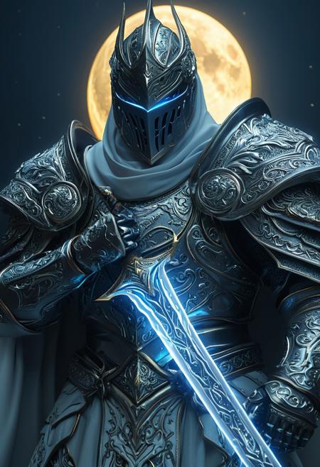 A closeup of fantastical image of a techno knight, clad in flowing, flowing robes, wielding an ornate, ornate blade or hexagonal pattern ornaments. Their eyes are filled with electricity and determination, as they wield the sword in a fluid, dynamic motion. The moon's reflection highlights their cybernetic power