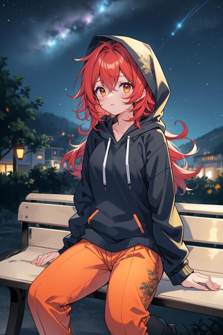 best quality,1girl, dark, night, sitting on bench, backyard, vibrant night sky, looking up, messy hair, red hair, orange eyes, summer night, hoodie, capri pants, hood up, dynamic lighting, intricate detail,