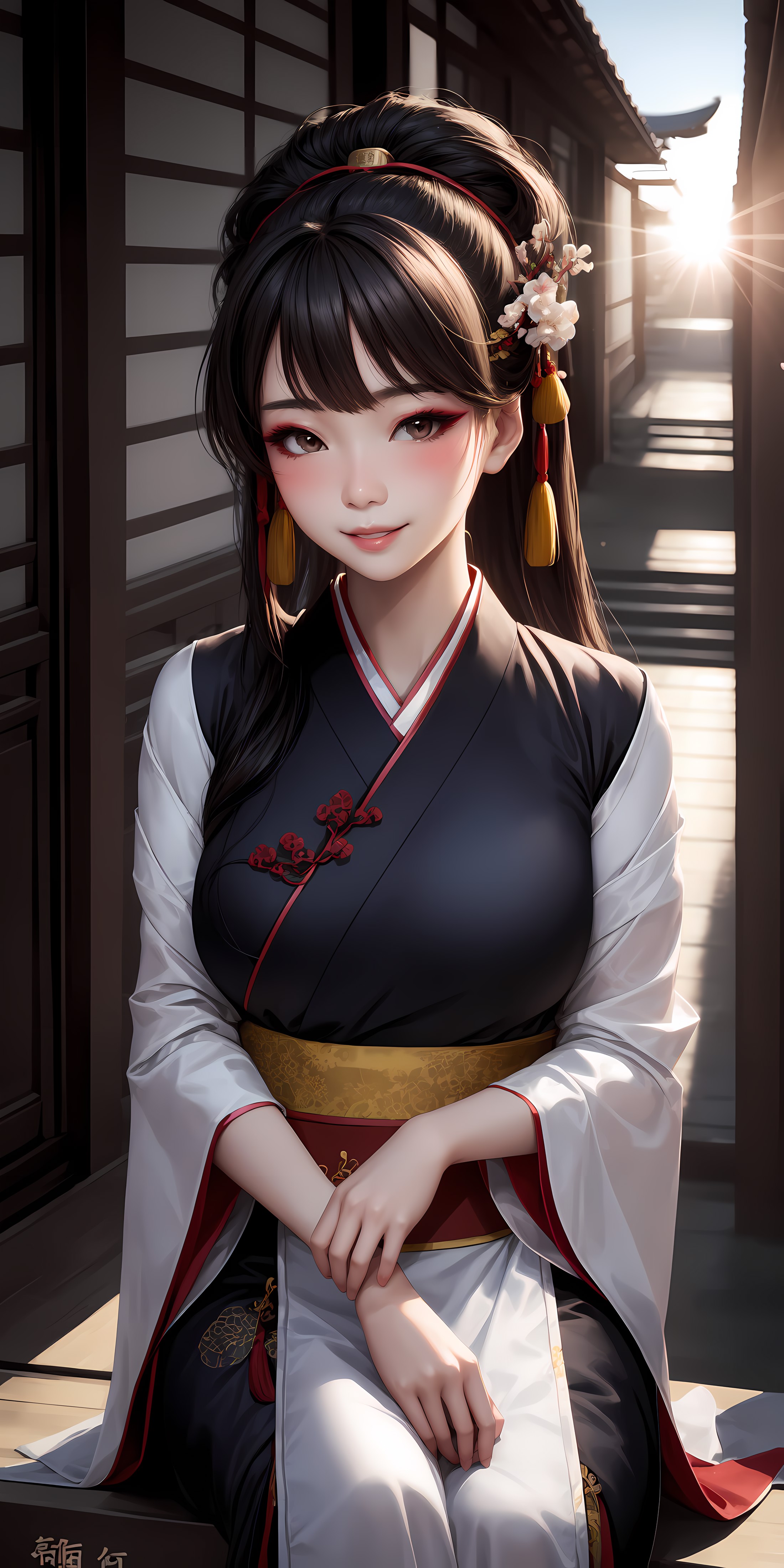 realistic, 1girl, makeup, chinese girl, parted lips, blush, (hanfu:1.2), light smile, east asian architecture, sun, sunlig...