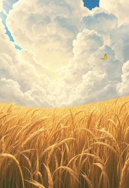 Anime view from golden wheat fields, wind blowing across tall detailed grass, creating flowing motion waves across the landscape, massive textured clouds above shifting slowly, soft sunbeam flickers through them, butterfly wings flutter nearby, pastel tones with lush detail.