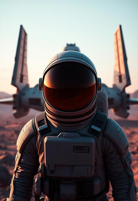 A full suit astronaut (visor is fully reflective and cannot be seen through) standing in front spaceship that recently landed on new planet, he is looking over the horizon. Set in the art style of the video game no man's sky. Have the camera further back. And have the spaceship similar style to an x-wing from star wars, more horizontal.