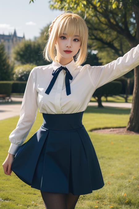 ultra-detailed,highly detailed,best quality,masterpiece,illustration,
saber, 1girl, artoria pendragon \(fate\), solo, cosplay,
blonde hair, ahoge,hair ribbon, short hair, braided bun, sidelocks, bangs, 
pantyhose, shirt,skirt,  neck ribbon, long sleeves,casual, blouse, high-waist skirt, 
looking at viewer, 
outdoors, grass,dynamic pose, photo background, flower, wind,sky,falling petals, 
<lora:saber_v1_02:0.7>