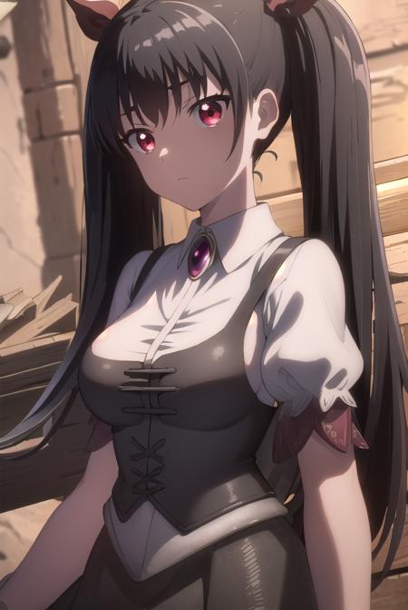 handymanliliza, <lora:handyman liliza s1-lora-nochekaiser:1>,
liliza, long hair, black hair, (red eyes:1.3), ribbon, twintails, hair ribbon,
BREAK short sleeves, puffy sleeves, jewelry,
BREAK outdoors, dungeon, cave,
BREAK looking at viewer, (cowboy shot:1.5),
BREAK <lyco:GoodHands-beta2:1>, (masterpiece:1.2), best quality, high resolution, unity 8k wallpaper, (illustration:0.8), (beautiful detailed eyes:1.6), extremely detailed face, perfect lighting, extremely detailed CG, (perfect hands, perfect anatomy),