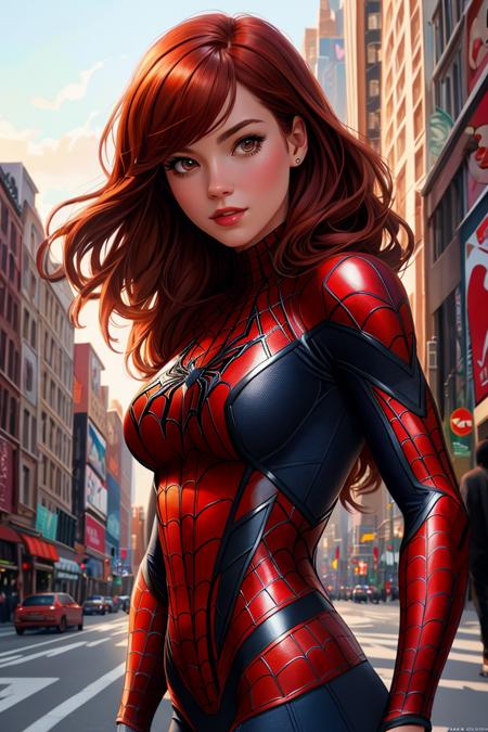 mary jane from spider man,redhead, athletic body,new york city background, realistic cartoon style, realistic skin pores, cute girl,full shot body, most beautiful artwork in the world, professional majestic oil painting, trending on ArtStation, trending on CGSociety, Intricate, High Detail, Sharp focus, sharp image,hd, realistic reflects,dramatic, photorealistic painting art, catoonized, pinterest,