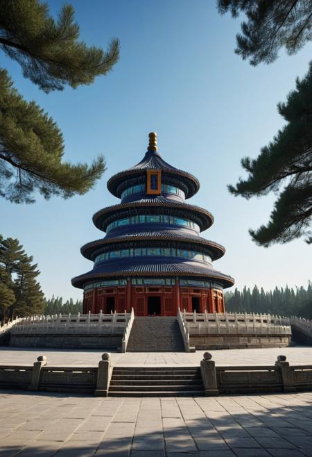 Very beautiful  Temple of Heaven, China, a temple site, sunny blue sky background and large dense forest. Very realistic photography.