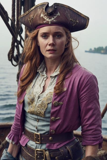 (movie still:1.25), face close-up shot, 1girl, (medieval pirate lady:1.25), pirate clothing, rainy, wet, on pirate ship, soft colors, bokeh, masterpiece, high quality, (high detailed skin:1.1)
<lora:amy_adams_lora_v02:1> amy74