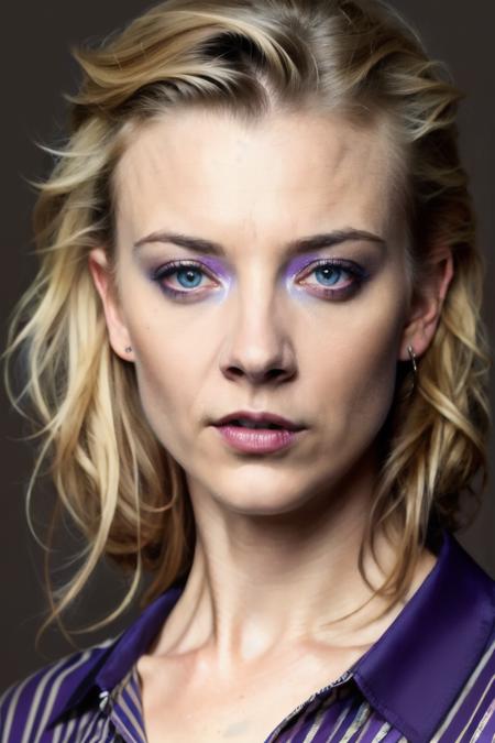 portrait photo of ntl,(purple and blue striped shirt), (dirty blonde hair), alluring portrait, intricate, highly detailed, digital painting, artstation, concept art, naughty, sharp focus, cinematic lighting, illustration, art by artgerm and greg rutkowski, alphonse mucha, cgsociety,<lyco:NatalieD-RealVision-V1.0:1.0>