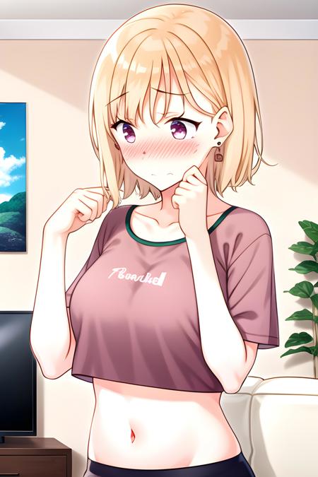 Saki, blonde hair, short hair, (fat:0.1), home, living room, pink crop top, blushed, embarrassed, (home clothes), earrings, shy