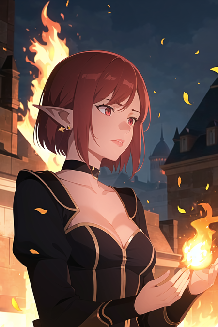 outdoors, castle far away,
1girl, fire, red hair, pointy ears, red eyes, short hair, bob haircut, solo, breasts, choker, cleavage, pyrokinesis, magic, fireball, fire magic, long hair, dress, jewelry, medium breasts, long sleeves, elf, wide sleeves, lips, earrings, looking to the side, looking away, closed mouth, embers, flame, upper body
, ((masterpiece))
<lora:western_animation_style:1>