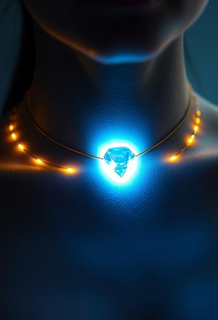 subdermal implanted LED necklace, glowing light beneath the skin, (embedded LEDs:1.7) forming the shape of a gold necklace under the skin, soft golden glow radiating from beneath the surface, (subdermal sapphire glow:1.6) at the center of the necklace, light shining through skin as if it were a gemstone, sapphire-like LED at the core, seamlessly integrated subdermal jewelry, high-definition, (natural skin tone:1.5), soft golden LED accents tracing the neck, glowing blue light from the center, ultra-realistic textures, natural skin with light emanating from within, elegant yet futuristic under-skin jewelry, (futuristic elegance:1.5), glowing sapphire effect from beneath the skin, high-resolution, (delicate light diffusion:1.4), modern beauty tech, advanced subdermal implant technology