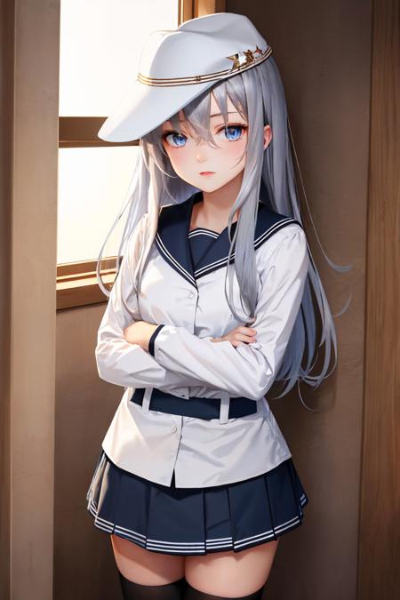 verniy, grey hair, hat, school uniform, white serafuku, long sleeves, skirt, black thighhighs verniysaury, grey hair, white headwear, hat, earmuffs, camouflage jacket, long sleeves, black skirt, black pantyhose